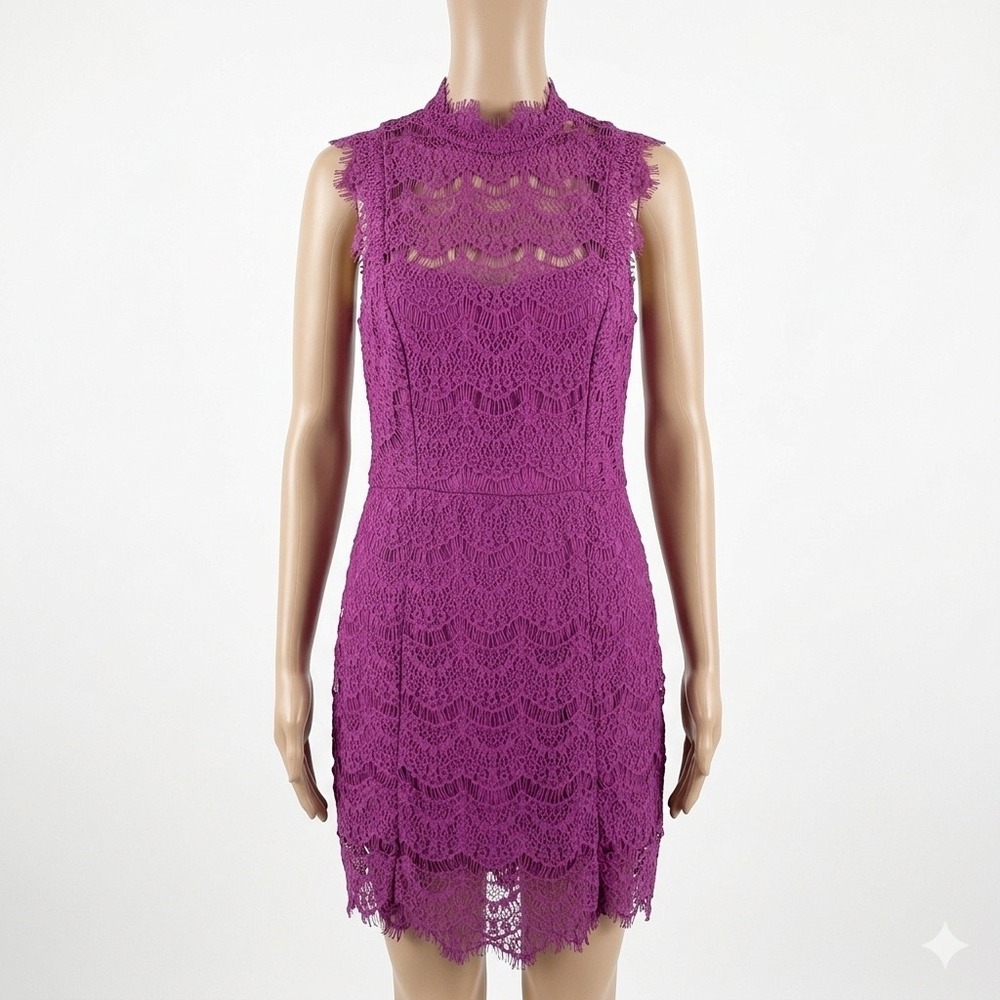 Free People Daydreamer Dress Womens L Purple Lace Mock Neck Boho‎ Keyhole Mini